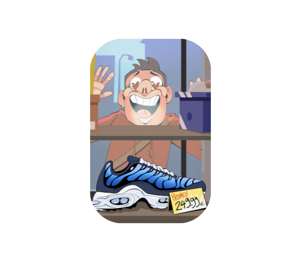 Personnage qui s'arrête devant une vitrine où est exposée une basket au prix de 249,99 euros