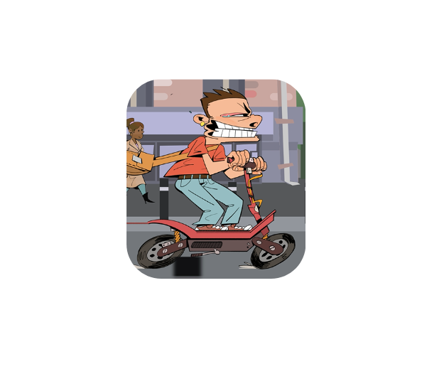 Personnage roulant sur sa trottinette électrique