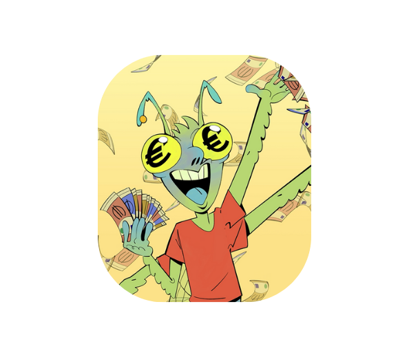 Personnage de cigale tenant des billets et les lançant en l'air