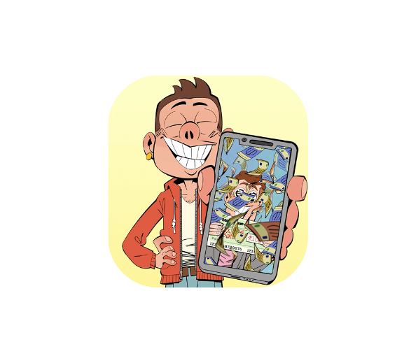 Personnage content montrant l'écran de son smartphone sur lequel il visionne la vidéo du personne entourée de billets