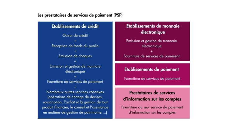 Schéma qui reprend en synthèse les différents services que peuvent proposer les prestataires de services de paiement en fonction de leur agrément
