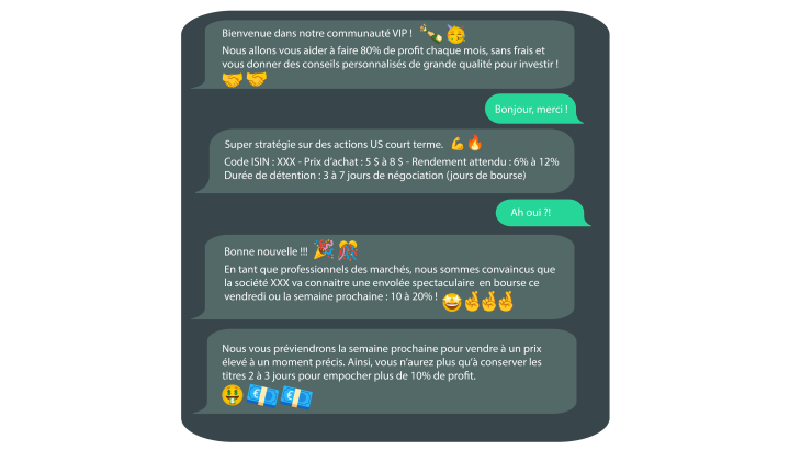 Capture d'écran d'une discussion de groupe dans une application de messagerie privée incitant à investir dans des actions