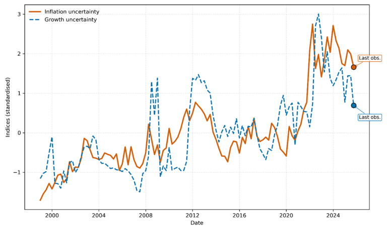 Uncertainties surrounding inflation and GDP growth over a one-year horizon in the euro area between 1999 and 2025