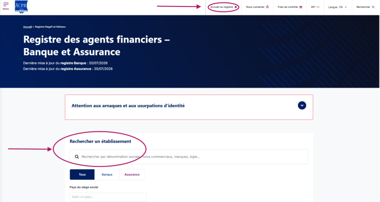 Capture d'écran du site de l'ACPR sur laquelle figure la page du Registre des agents financiers - Banque et Assurance