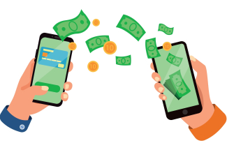 deux téléphones portables l'un à côté de l'autre avec transfert pièces et billet pour évoquer un virement instantané