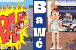 image illustrative : conducteur trottinette heurtant voiture garée puis le même personnage devant le même véhicule désormais endommagé par la trottinette avec une grosse facture du garagiste